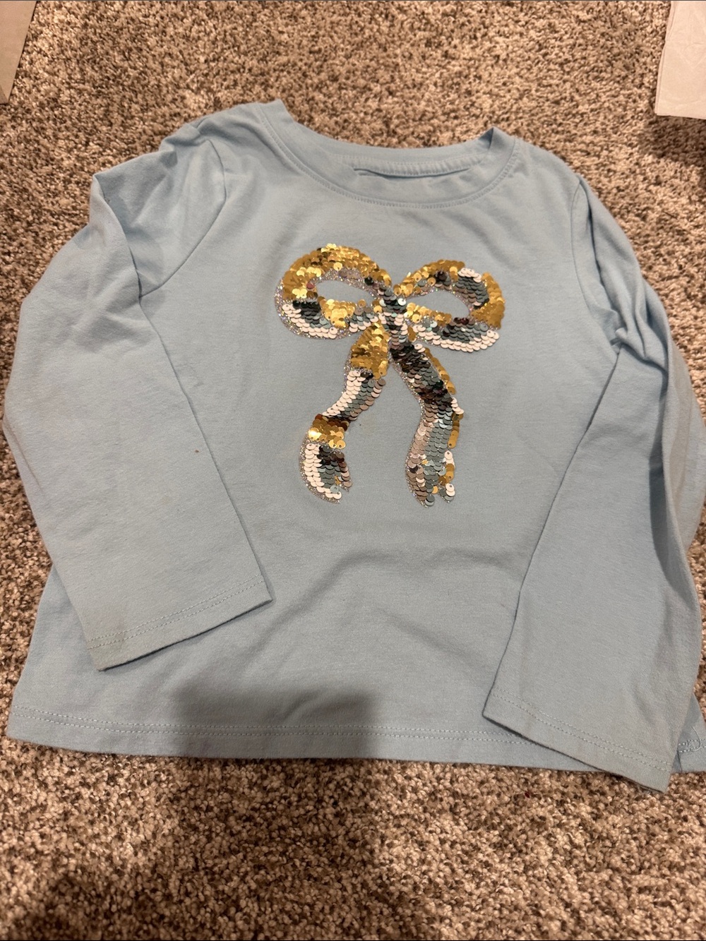 Cat & Jack Light Blue Long-Sleeve Top with Gold & Silver Sequin Bow